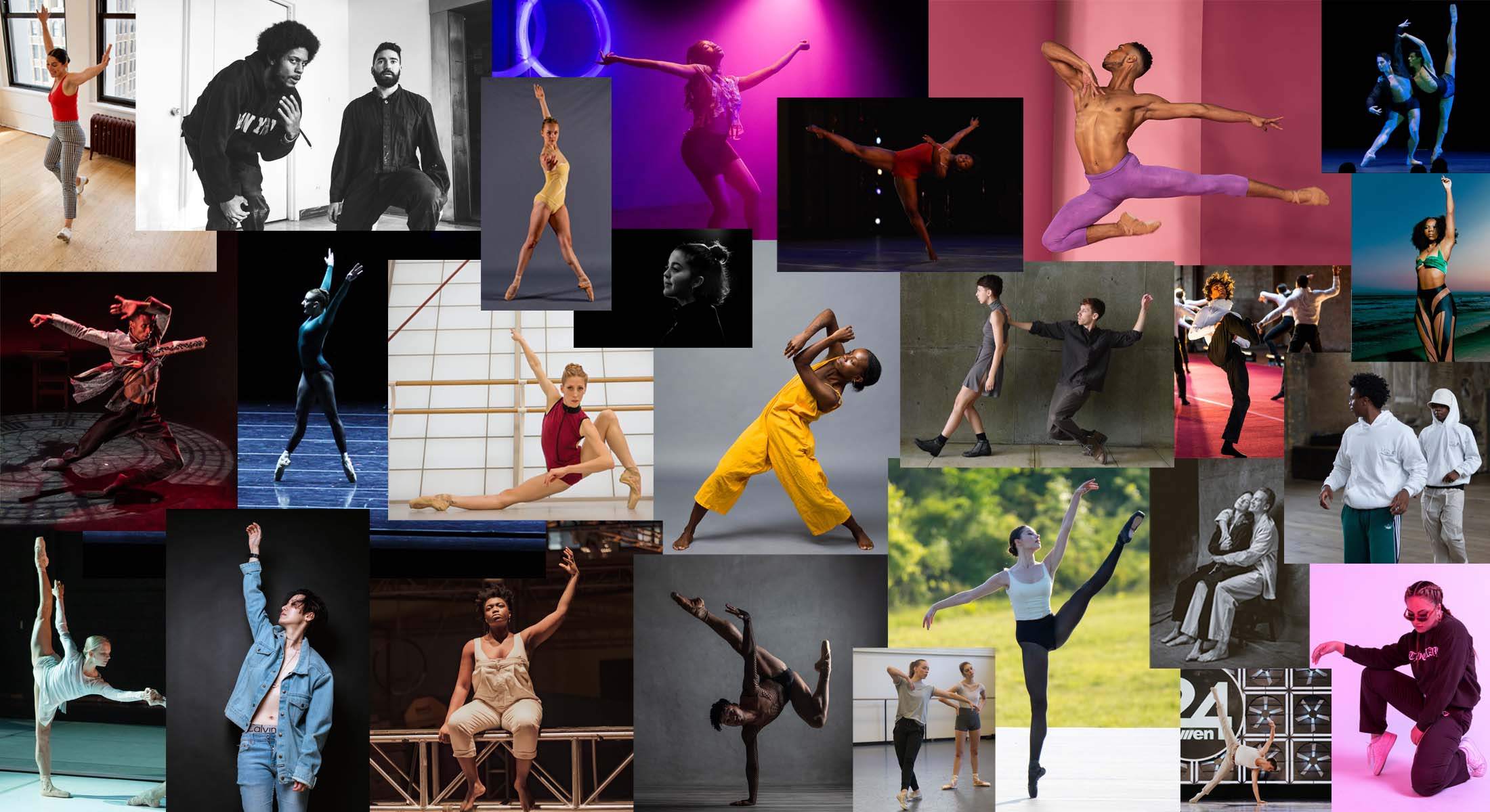 A colorful collage of the 2022 "25 to Watch" artists in the studio and in performance.
