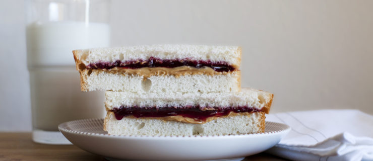 A peanut butter and jelly sandwich on a plate witha glass of milk in the background