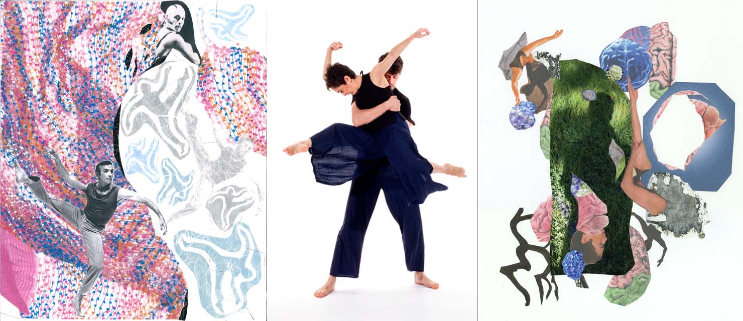 On the left, a collage of black and white photos of Murray Louis in performance, juxtaposed with pink and blue dotted fabric and blue and grey outlines of dancing bodies. Center: Against a white backdrop, Janis Brenner is caught mid leap around the waist by a male dancer. She is in an open stag pose, right elbow curving towards her bowed head, the opposite arm arcing behind her. Right: Assorted color images of brains, with photo-transfer technique of white and grey matter. Central Park shadow and flower photos plus dance photos of Brenner, are embedded into the fabric of the collage, creating a swirling, complex, visual and psychological remembrance of a personal and fraught event in Brenner's artistic journey.