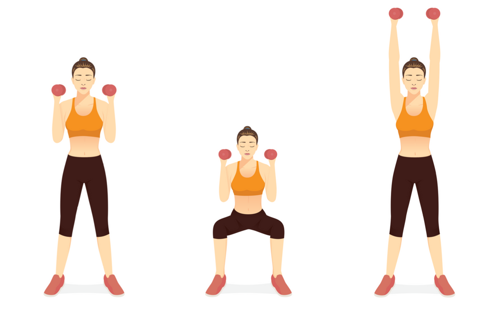 Three illustrations of a woman performing an overhead squat, step by step
