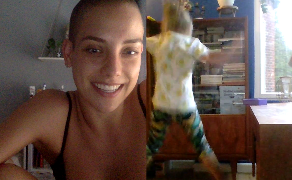 A closeup of Leal Zielinska next to a blurry from the back shot of a young girl dancing