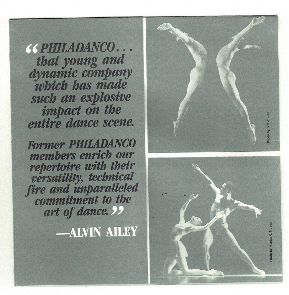 A grid of three images, including two black and white dance photos, and a quote that reads, "Philadanco...that yong and dynamic company which has made such an explosive impact on the entire dance scene. Former Philadanco members enrich our repertoire with their versatility, technical fire and unparalleled commitment to dance." u2014Alvin Ailey