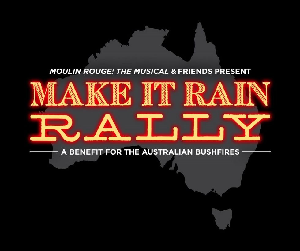 A logo for Make It Rain Rally, with the words in orange over a grey background in the shape of Australia