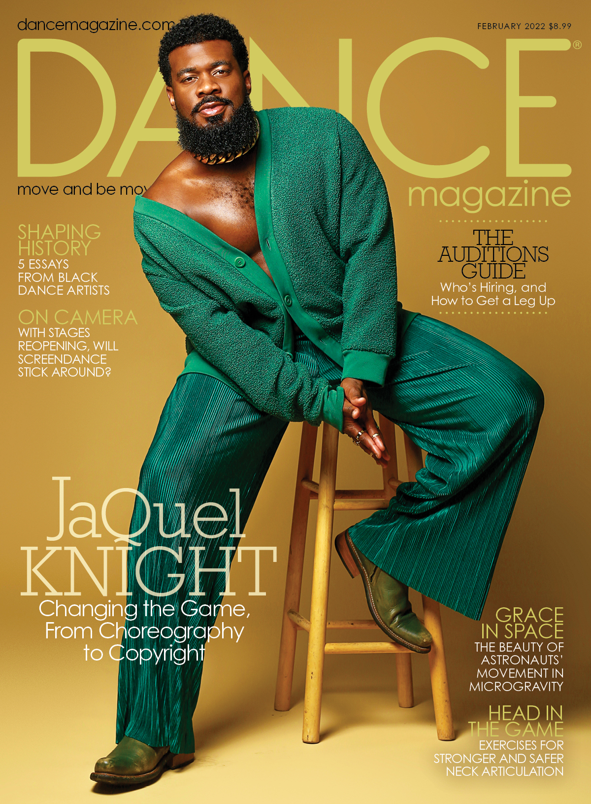 Dance Magazine cover image showing Jaquel Knight in a green jumpsuit leaning to the side on a chair.
