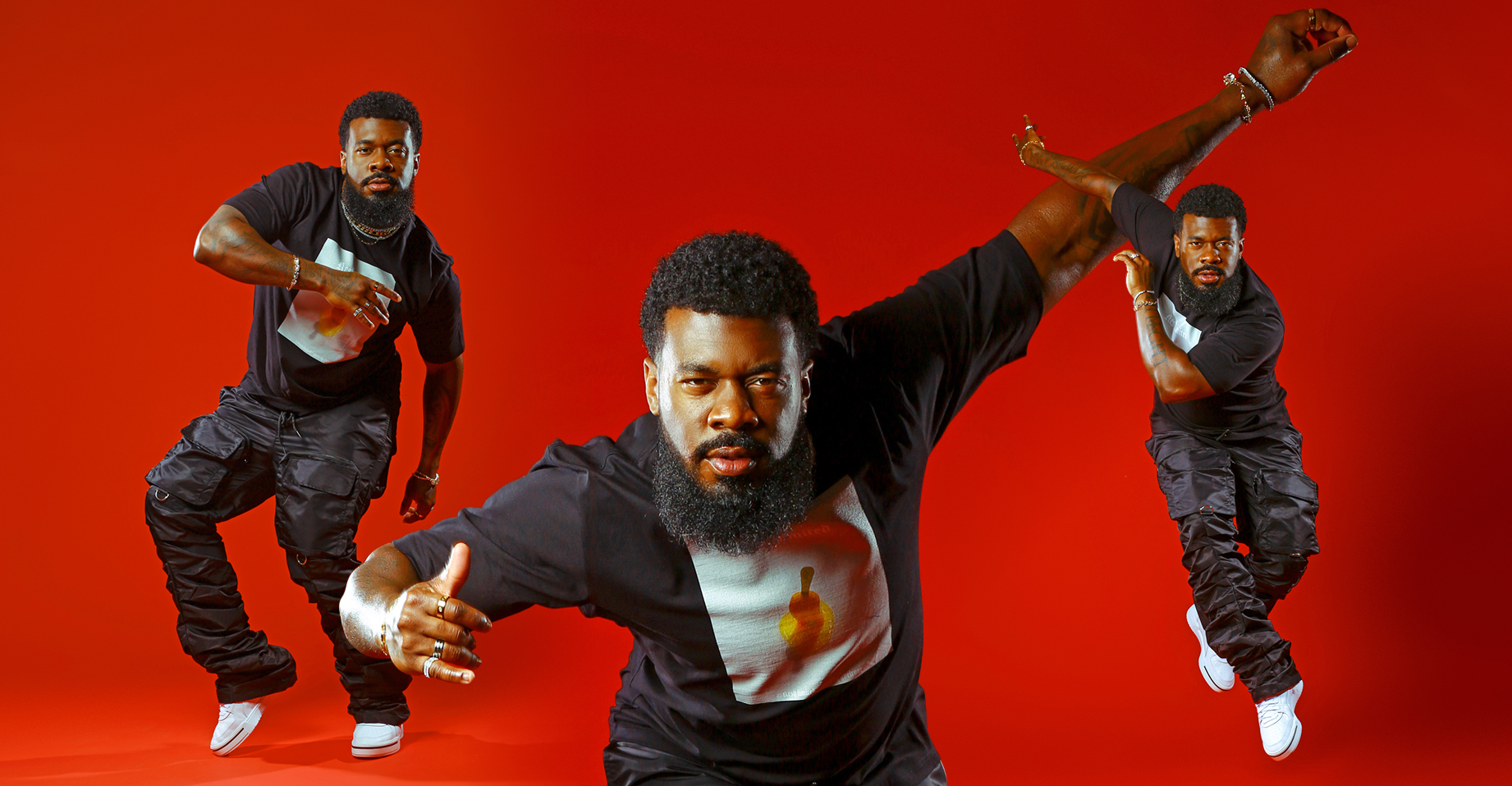 Three photos of JaQuel Knight dancing on a red background. He looks straight into the camera in each pose