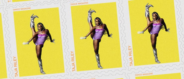 A photo of Taja in a high kick is duplicated on multiple postage stamps.