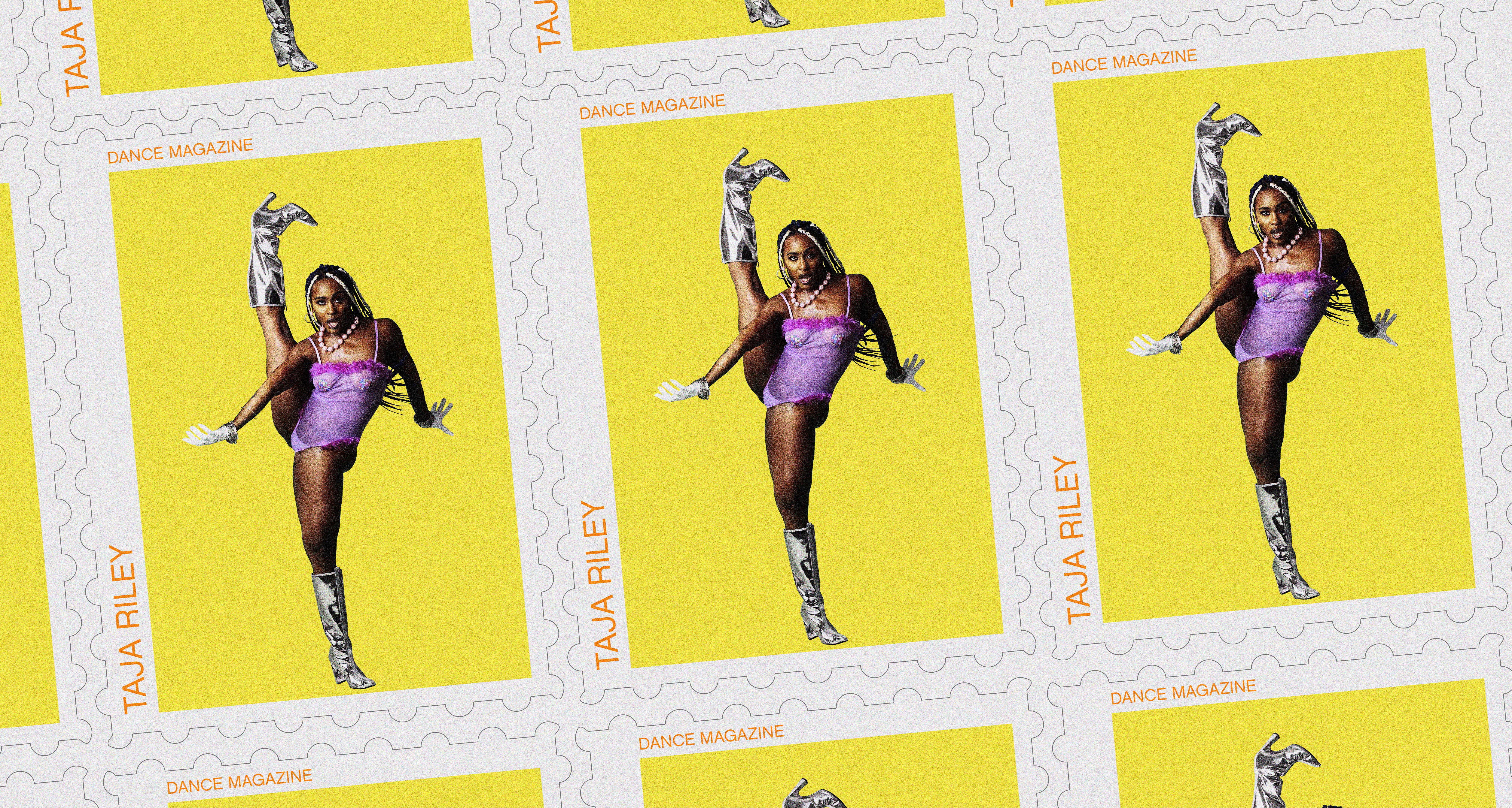 A photo of Taja in a high kick is duplicated on multiple postage stamps.