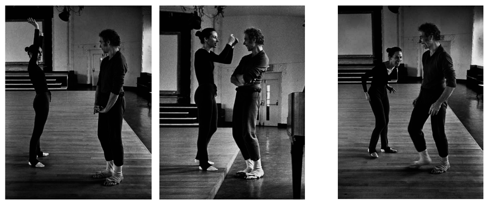 A trio of black and white images of Carolyn Brown and Merce Cunningham on a wooden floor. A small set up steps and an exit door are visible in the background. Both are in long sleeves and long sweatpants or leggings. They are mid-conversation, and as the series progresses Carolyn's smile and Merce's thoughtful expression turn into laughter.