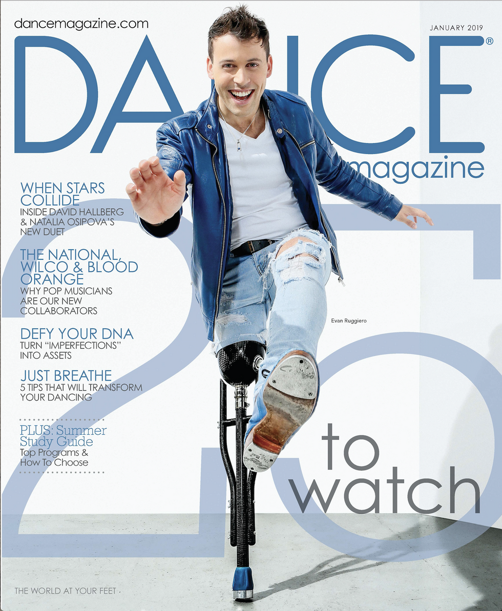 Cover image of Evan Ruggiero standing on his prosthetic leg, the other reaching toward the camera