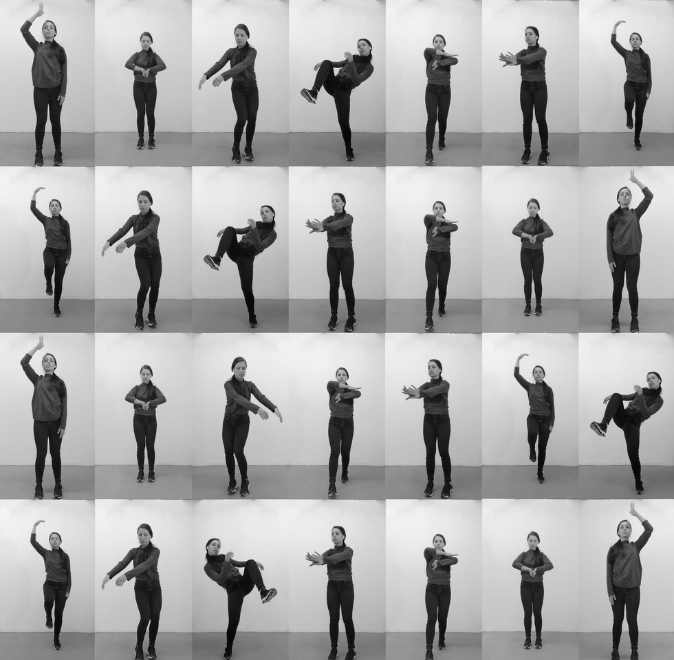 A grid of small black and white images of Lauren Bedal in various positions