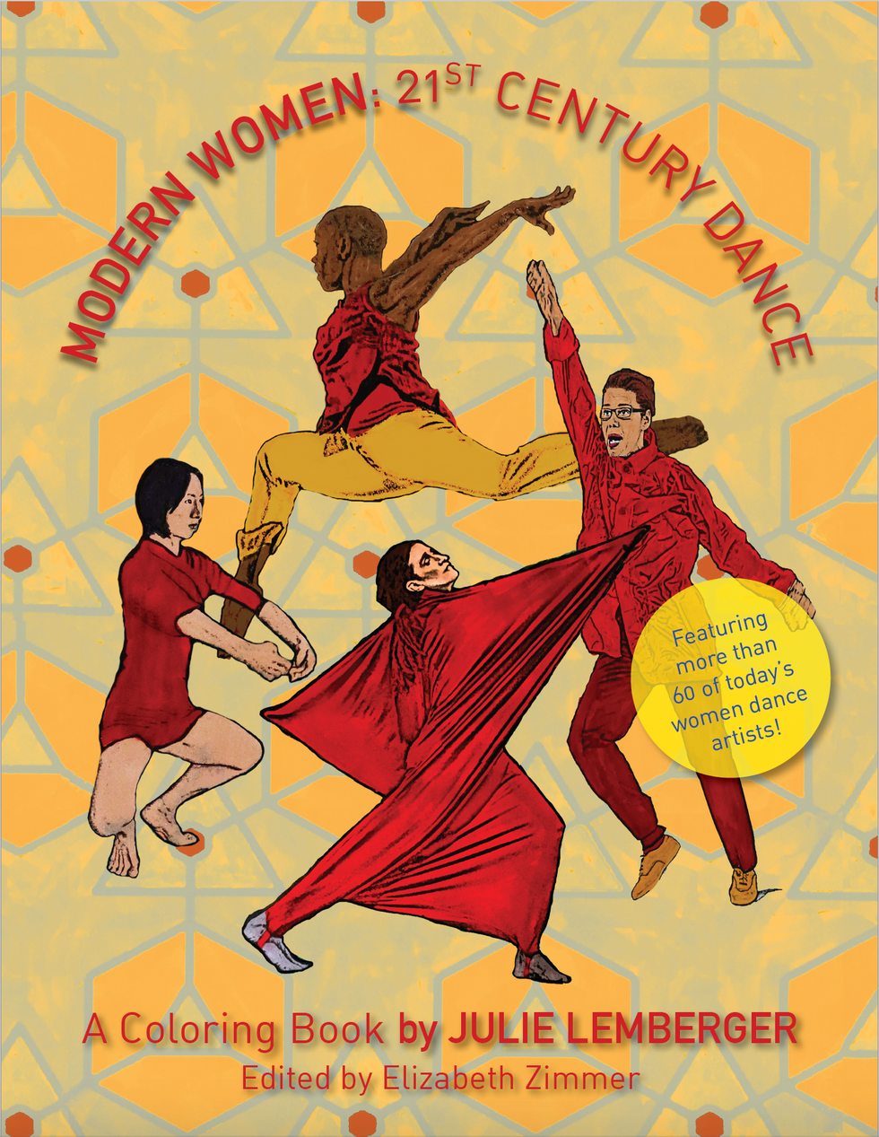 Cover of the coloring book, in yellow, orange and red tones, showing four dancer line drawings on a graphic background.