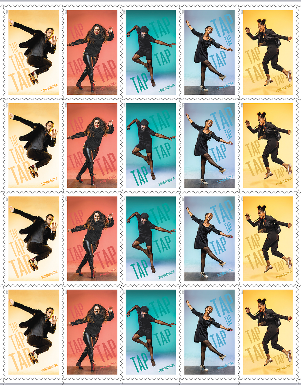 A sheet of stamps featuring dancers on brightly colored backgrounds. The word Tap dances around them.