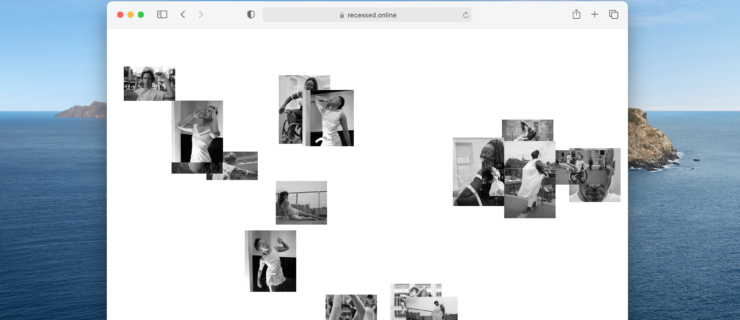 A still from Heidi Latsky and Maya Man's "Recessed" features a collage of black and white photos of dancers are arrayed across an otherwise blank browser window. The URL reads "recessed.info."