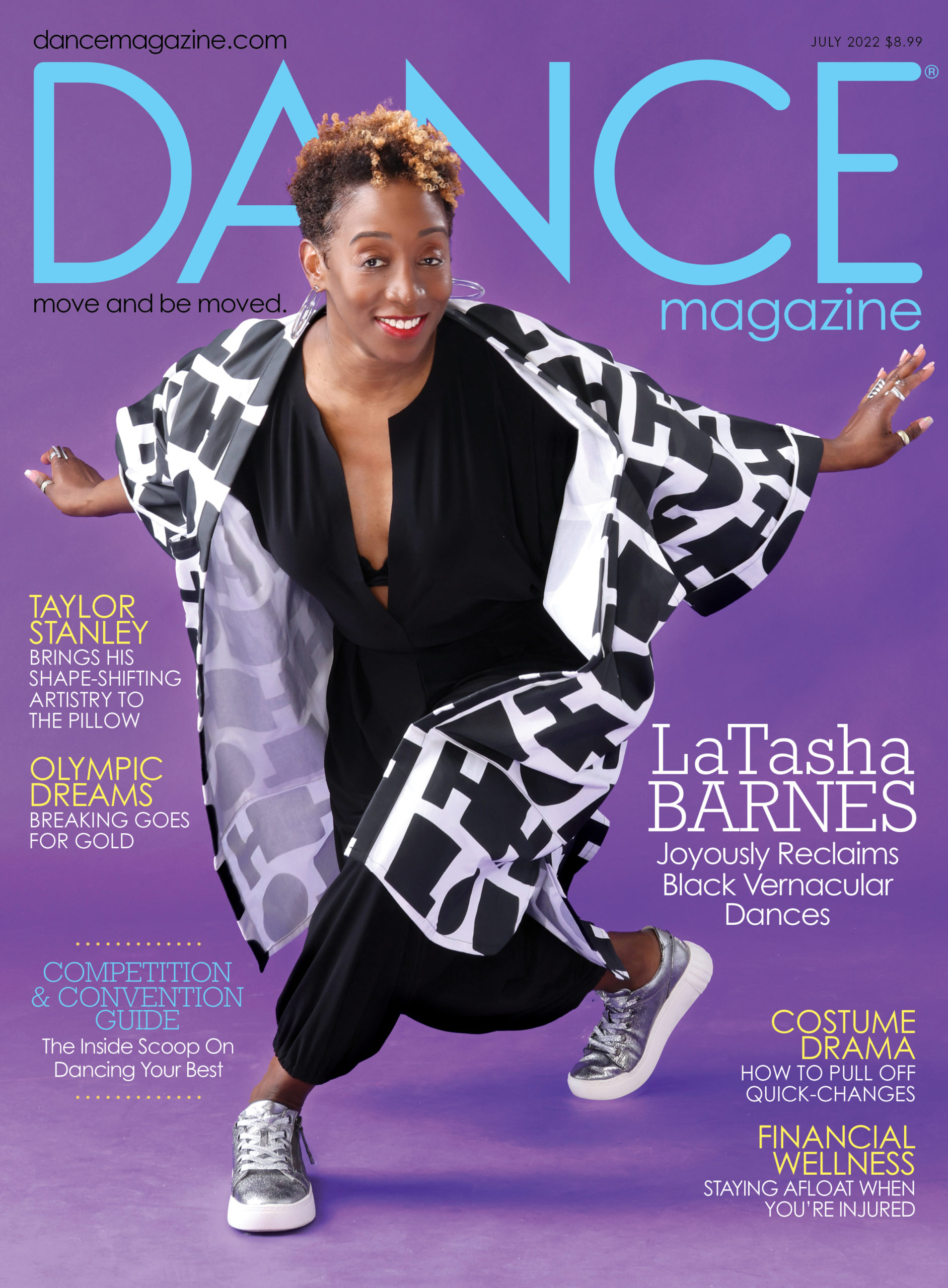 The July 2022 cover of Dance Magazine. LaTasha Barnes poses on a purple backdrop. Her black jumpsuit, patterned black and white shawl, and silver sneakers popping against the color as she splays her hands to the side and slightly behind her, one foot stepping over the other. The largest text reads, "LaTasha Barnes Joyously Reclaims Black Vernacular Dances."