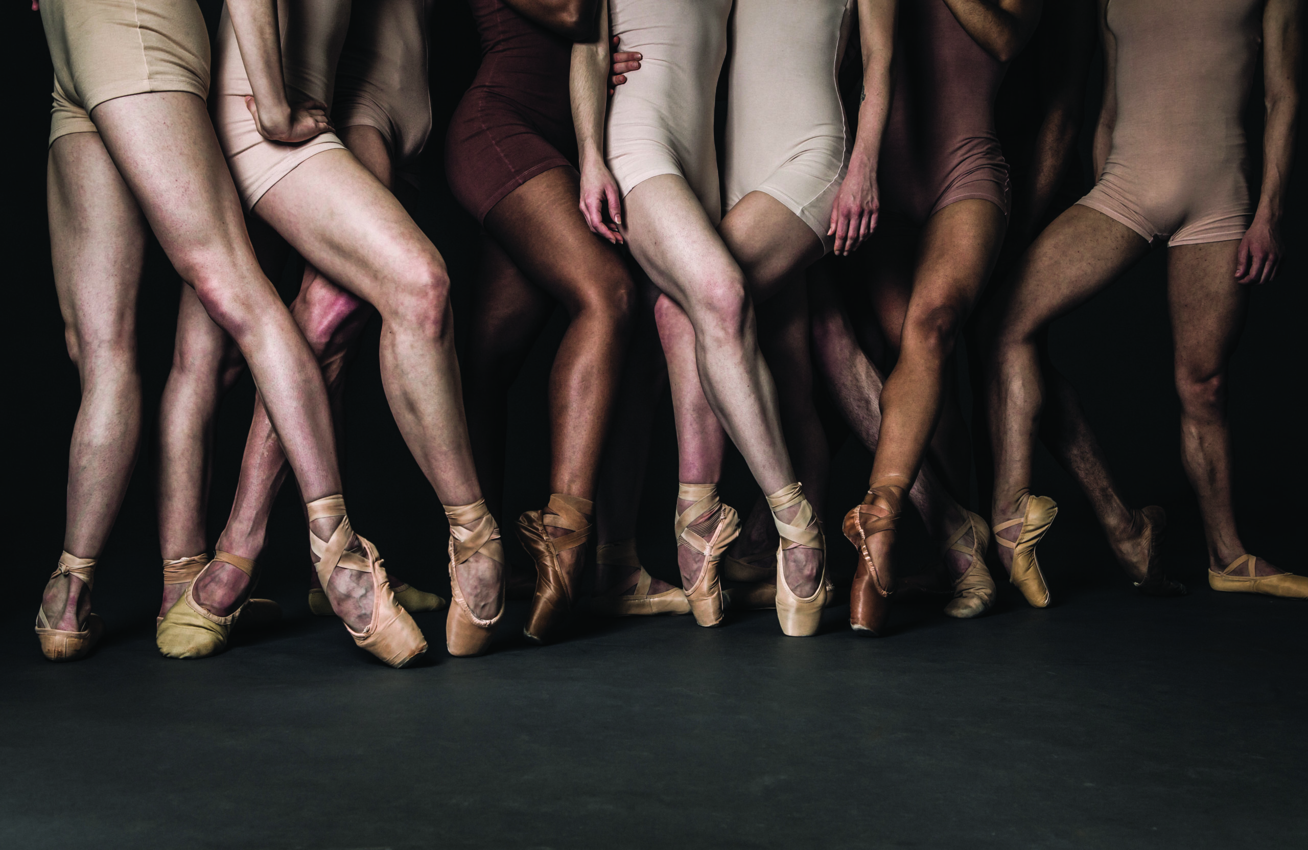 A cluster of dancers with a variety of skin tones are shown from the waist down. All wear biketards close to their skin tones and pointe shoes dyed to match.