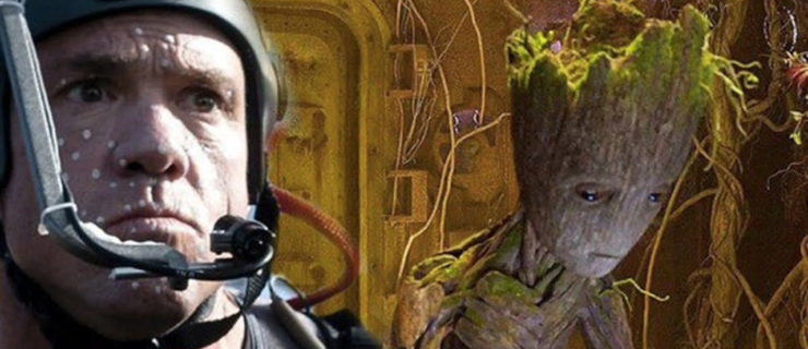 A side-by-side image of Terry Notary in a motion-capture helmet next to the character Groot.