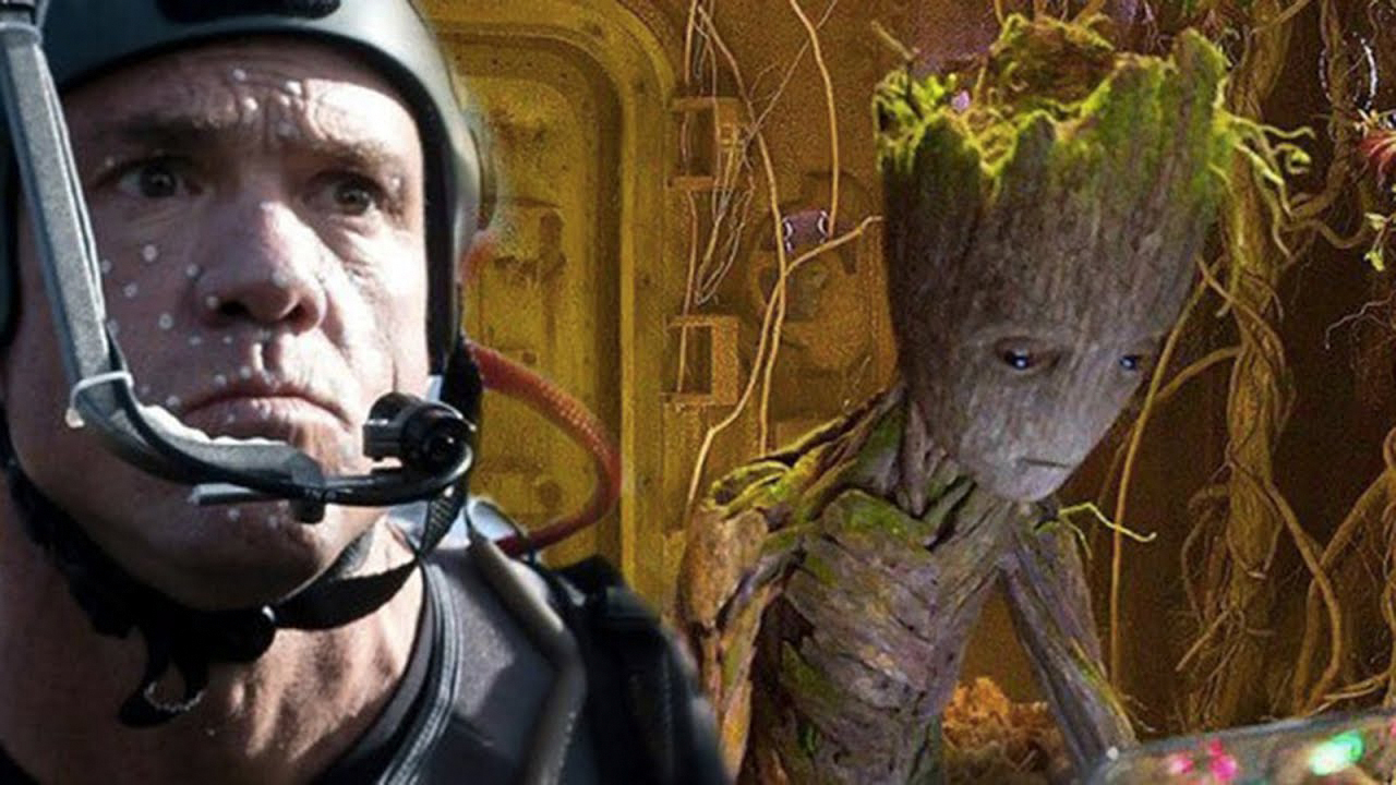 A side-by-side image of Terry Notary in a motion-capture helmet next to the character Groot.