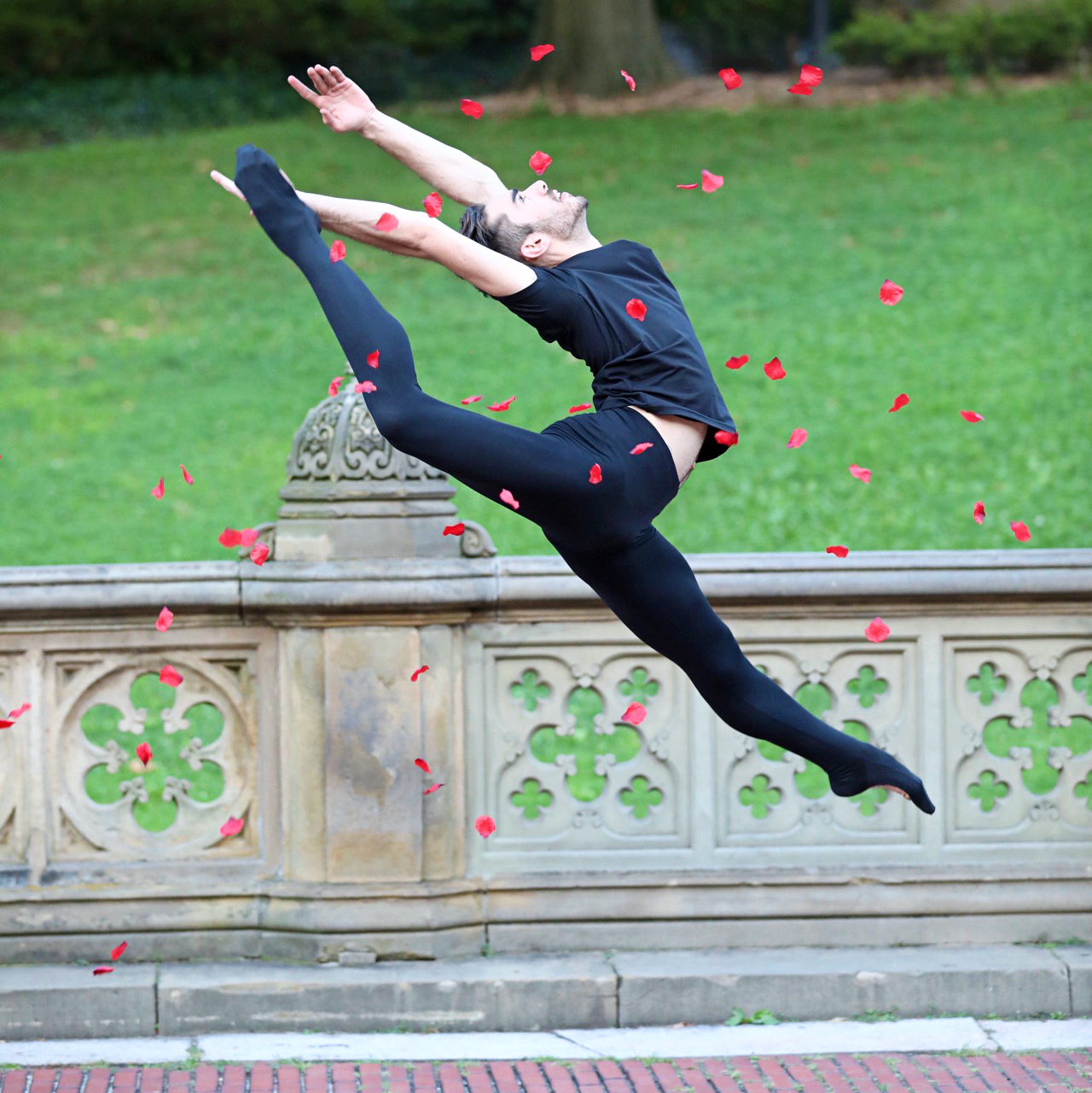 male dancer performing firebird jump in park 