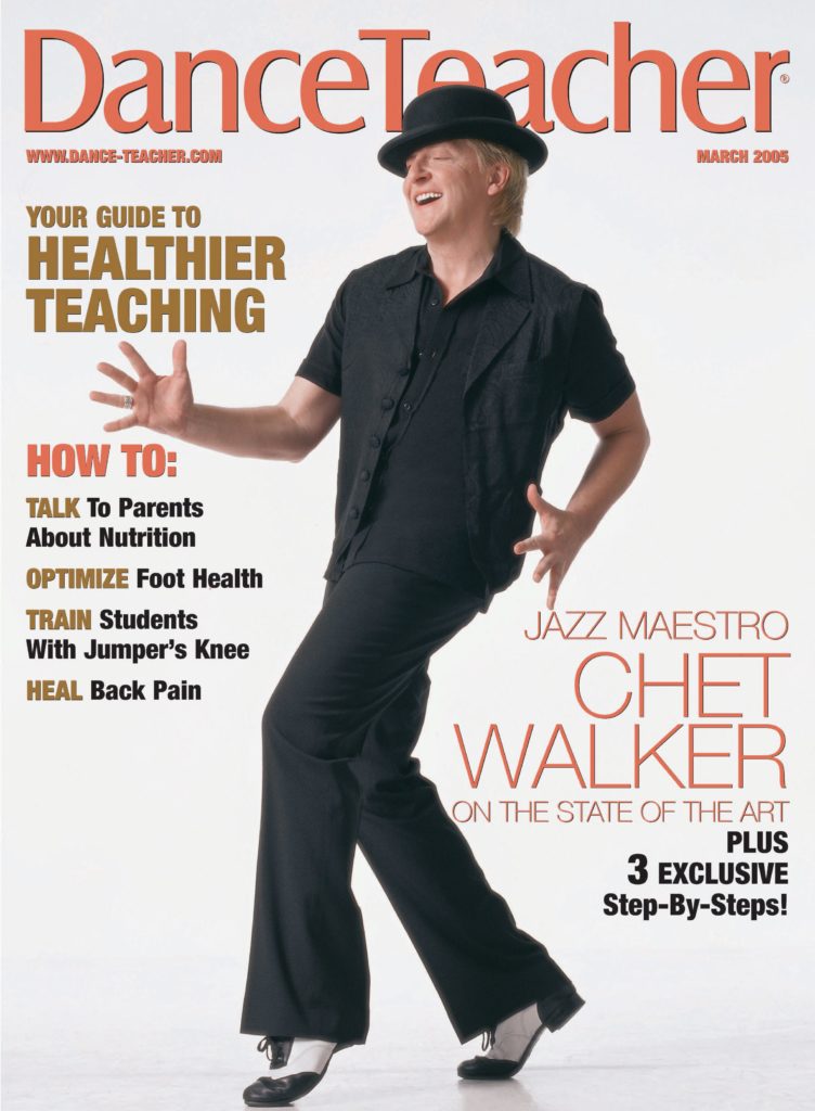 Cover image of Dance Teacher magazine, with Chet Walker dressed all in black, one hand in front of him and the other to his side, legs crossed in a jazz dance position.