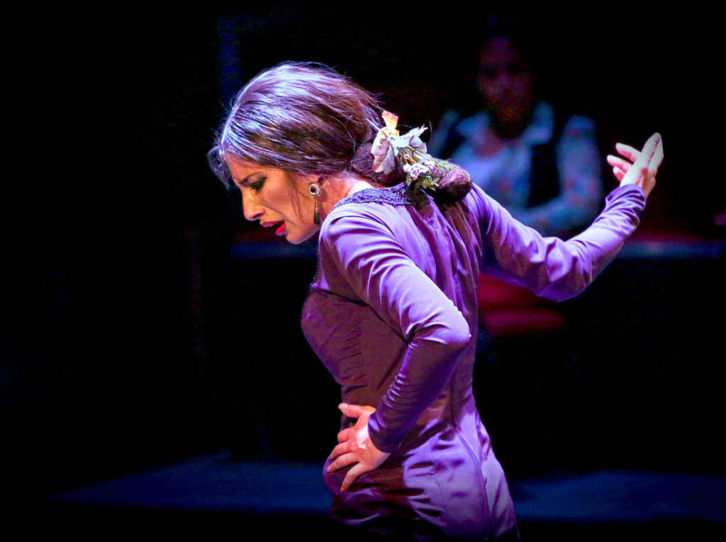 Águeda Saavedra is shown in profile from the waist up, mid-performance. One hand pulls against her hip as the other curves out to her side. Her head tips forward against her pulled back shoulders, an intense expression on ehr face. She wears a purple dress, flowers bound in her loosely pulled back hair.