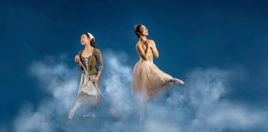 A composite image shows DaYoung Jung as Cinderella before and after her transformation for the ball. She sweeps the floor, looking wistfully off into the distance in one shot, while in the other she balances en pointe in a golden gown and tiara, hands covering her heart, smiling in delight.