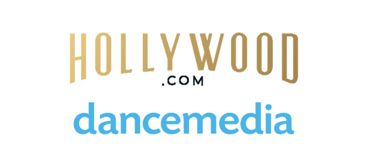 A gold logo of Hollywood.com over a blue logo of dancemedia.com on a white background