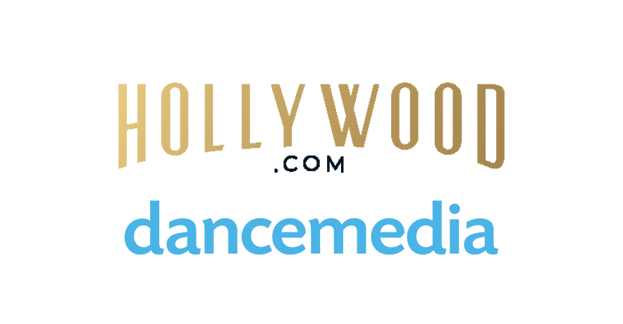 A gold logo of Hollywood.com over a blue logo of dancemedia.com on a white background