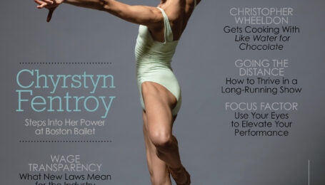 The March 2023 cover of Dance Magazine. Chyrstyn Fentroy, a lighter skinned Black woman, poses against a grey backdrop in retiré back en pointe. She gazes cooly over her shoulder at the camera, arms in a purposefully elongated diagonal. She wears a pale blue-green leotard and pointe shoes that match her skin tone. The largest cover lines read "Chyrstyn Fentroy steps into her power at Boston Ballet" and "The Choreography Issue."