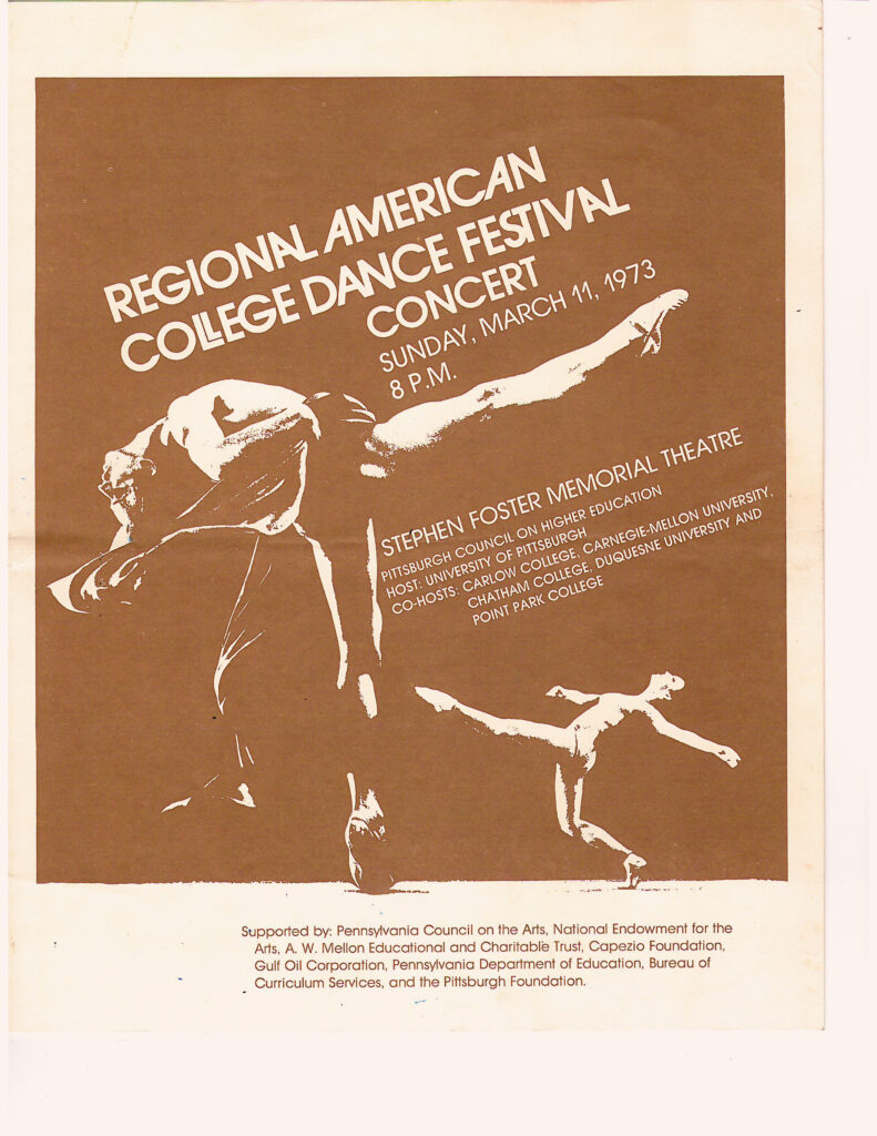 brown graphic with the title, date, and location of the Regional American College Dance Festival Concert