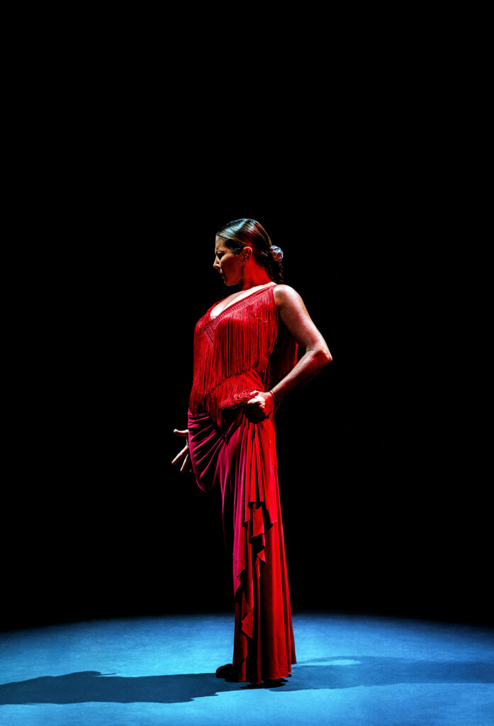 Sara Baras stands alone in a spotlight on a darkened stage. She wears a red dress, fringe trailing from the V neckline. She faces the side, one hand drawing the fabric of her long skirt taut as it pulls back to her hip, the other hand peeking out from upstage, fingers splayed.