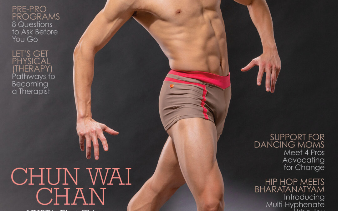 The cover of the May 2023 issue of Dance Magazine. Chun Wai Chan, a 30-year-old Chinese man, poses against a dark grey backdrop wearing only a pair of grey dance shorts accented in red. He is in fondu tendu croisé back, elbows rising from his sides as his hands push down and back against the air. The largest cover line reads Chun Wai Chan: NYCB's First Chinese Principal Dancer Leads With Curiosity and Humility.