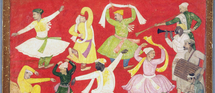 A painting in which seven male figures of various ages dance as four musicians, clustered to one side, place percussive and horn instruments. The background is painted a simple, striking red.