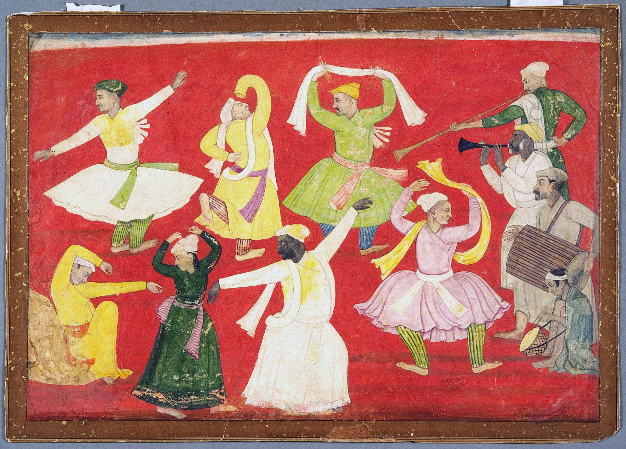A painting in which seven male figures of various ages dance as four musicians, clustered to one side, place percussive and horn instruments. The background is painted a simple, striking red.