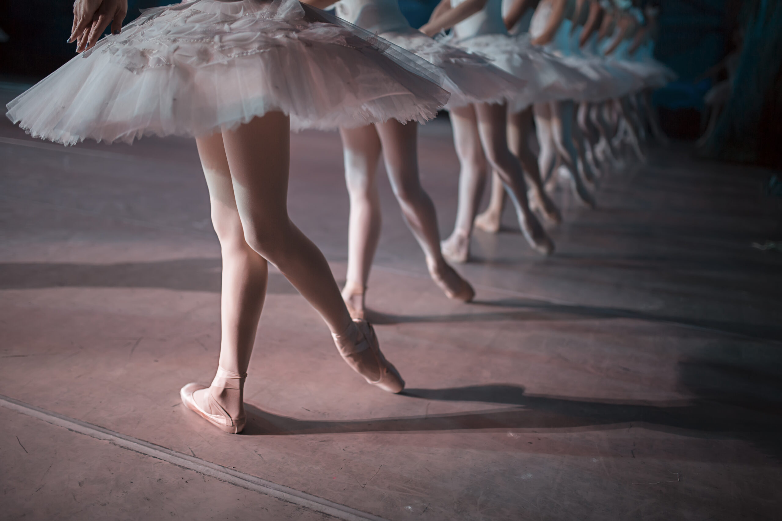 A line of dancers in white tutu are shown from the waist down, each one in pointe shoes and tights with one foot tucked behind the other