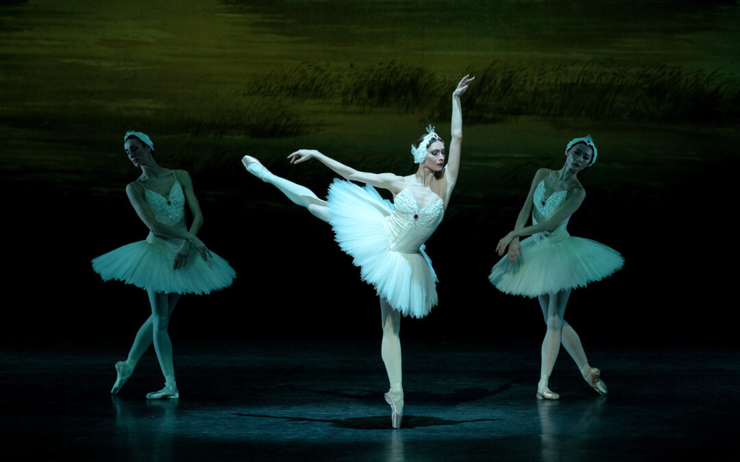 Olga Smirnova as Odette in Swan Lake. She balances in first arabesque on pointe, her front arm raised beside her ear, eyes downcast. She wears a white feathered tutu, pink tights, and matching pointe shoes. Upstage, similarly costumed women pose in B-plus, wrists crossed in front brushing their tutus.