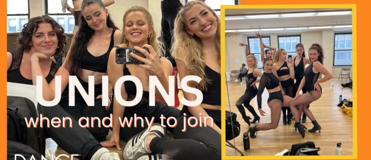 A collaged image. On left, four dancers in black smile into a mirror in a dance studio; on right, the same group strikes dance poses in the same space.