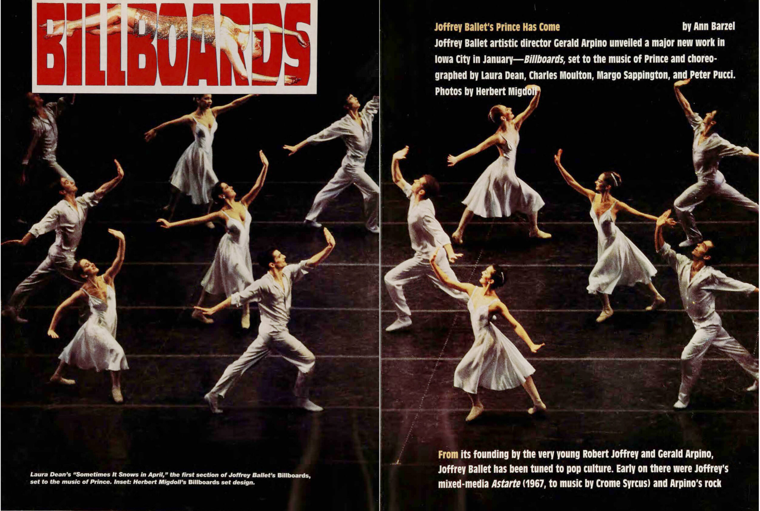 A spread shows dancers in pale costumes on a dark stage. All lunge with arms extended, wrists flexed. Some face stage right, others stage left. Superimposed is a poster that says BILLBOARDS in large red letters, a reclining dancer superimposed against it.