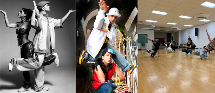 A collage of three images. On the left, Kwikstep and Rokafella are shot in black and white, both balancing on one foot and facing away from each other, their arms forming ninety degree angles. In the center, Kwikstep is captured midair, a bladed hand slicing toward the camera while Rokafella crouches beneath him. In the image on the right, Rokafella demonstrates in a studio, students imitating her as she squats and taps the fingers of one hand on the floor behind her.