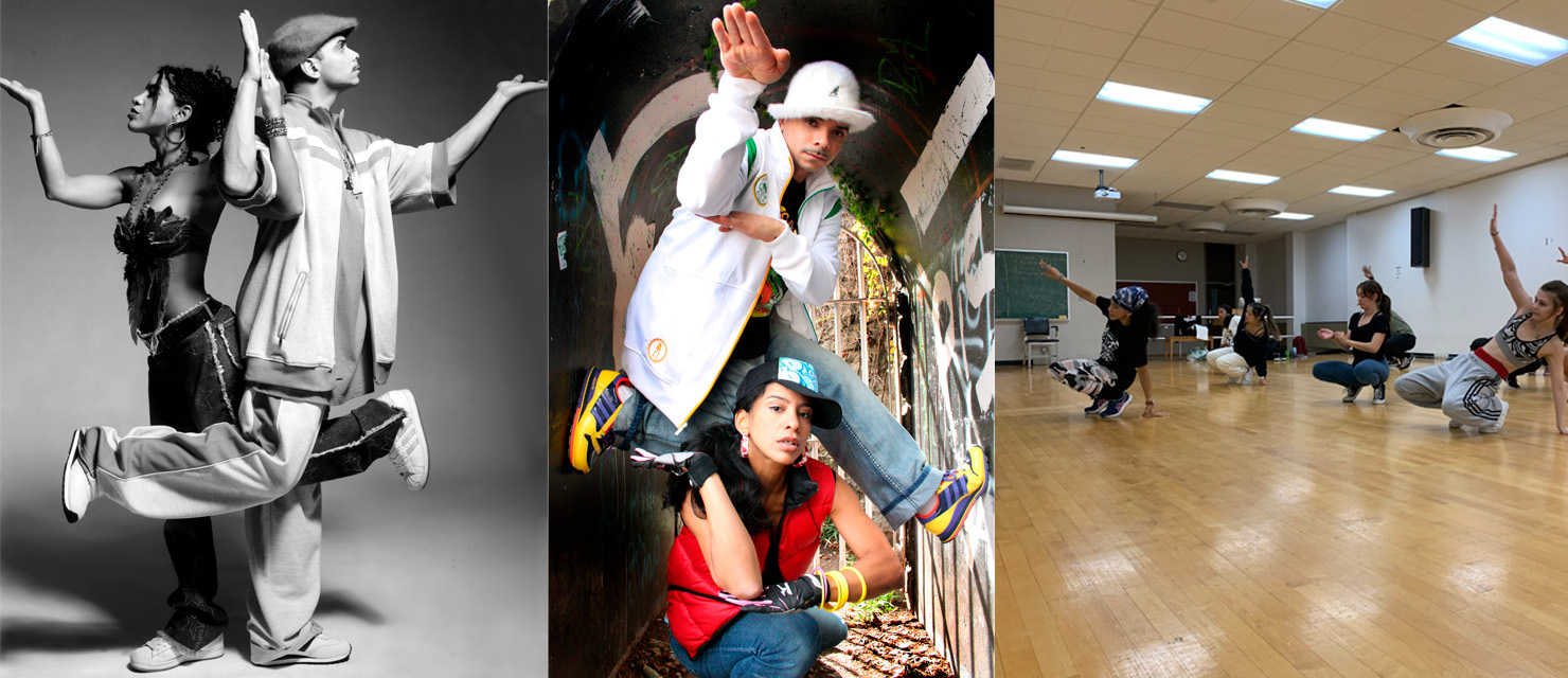 A collage of three images. On the left, Kwikstep and Rokafella are shot in black and white, both balancing on one foot and facing away from each other, their arms forming ninety degree angles. In the center, Kwikstep is captured midair, a bladed hand slicing toward the camera while Rokafella crouches beneath him. In the image on the right, Rokafella demonstrates in a studio, students imitating her as she squats and taps the fingers of one hand on the floor behind her.