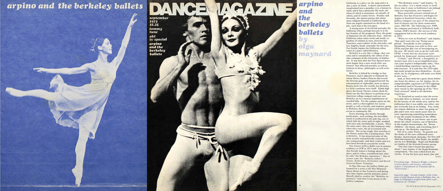 A triptych of pages from the September 1973 issue of Dance Magazine. At left, a black and white image of a dancer in first arabesque en pointe in a flowing dress is washed purple, beneath text that reads, "Arpino and the Berkeley Ballets." At center, the black and white cover of that issue, featuring a close-up of a shirtless male dancer partnering a woman in parallel passé en pointe. To the right, the first page of text for the feature story, titled "Arpino and the Berkeley Ballets by Olga Maynard."