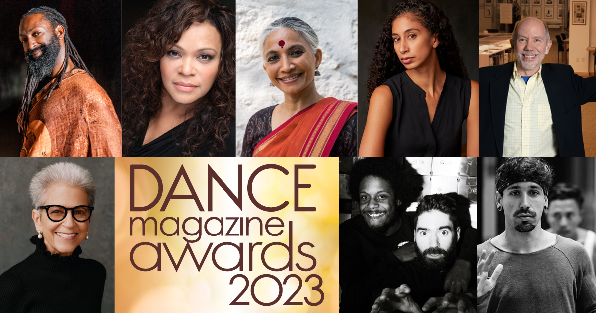 A collage of headshots of the nine Dance Magazine Award winners, with the awards logo printed in brown on a gold background at the bottom left.