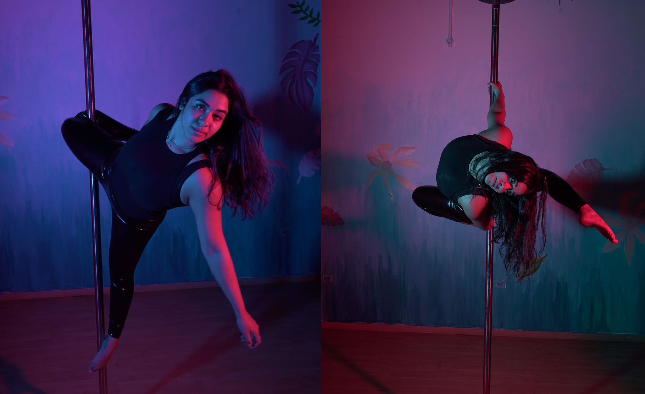 Two collaged images of Sharoubim, a woman with long dark hair wearing a black unitard. In each photo her body is draped around a pole and bathed in blue and red sidelights.