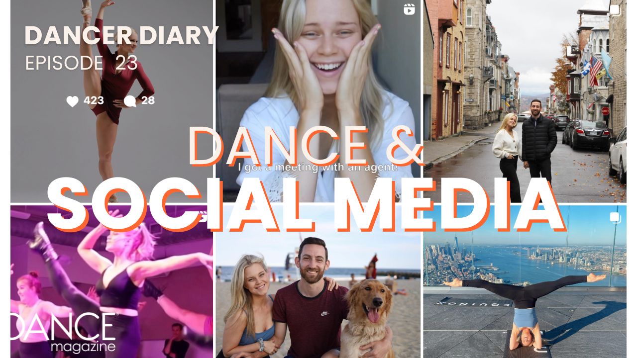 A collaged image of posts from Haley Hilton's Instagram feed. "Dance & Social Media" is overlaid at the center in a white font with an orange drop shadow.