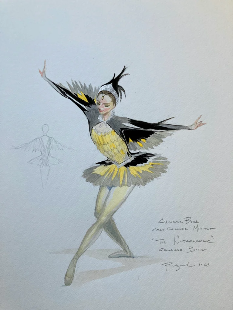A sketch of a yellow and black tutu and headpiece evocative of a heron.