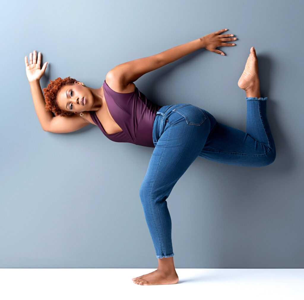 Danielle Swatzie poses against a blue wall on one leg. Her back leg bends in a parallel attitude as her torso tips parallel to the floor. She twists to look at the camera, one arm by her head, the other pressing long against the wall beside her. She wears a purple tank top and blue jeans.