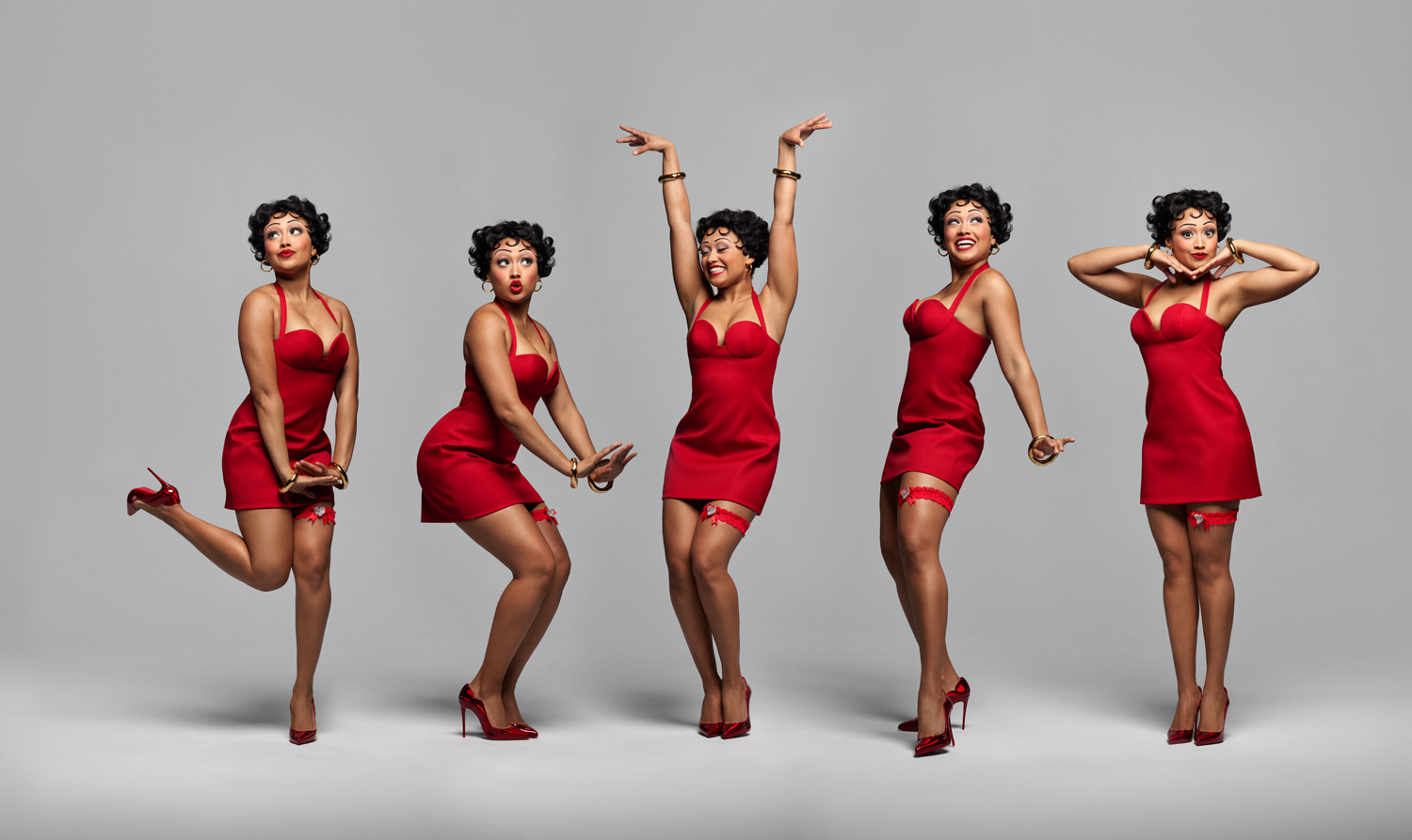 A composite photo showing five images of Rogers—costumed as Betty Boop in a short red dress, garter and heels—striking a series of flirtatious poses.