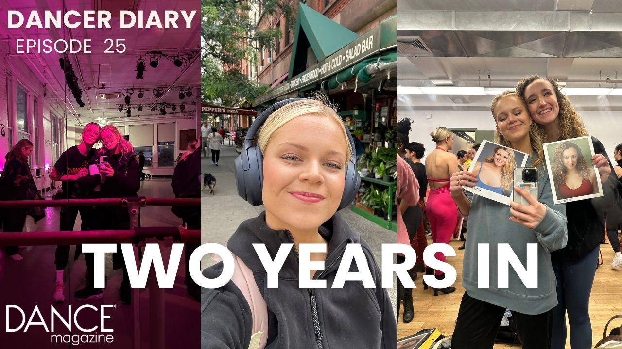 A collage of photos of Hilton's New York City dance life: in the studio, walking down the street, at an audition. "Two Years In" is superimposed in white text.