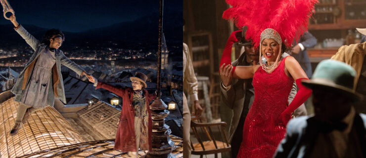 On the left, a young Black girl floats into the air as she smiles at the gentleman holding her hand. They are atop a rooftop in London, in loosely late-Victorian costuming. At right, Taraji P. Henson is costumed in a sequined red dress, matching elbow length gloves, and a feathered headdress. She brings one hand to her hip as a man cups his hand around her raised arm, stepping into her personal space as she sings.