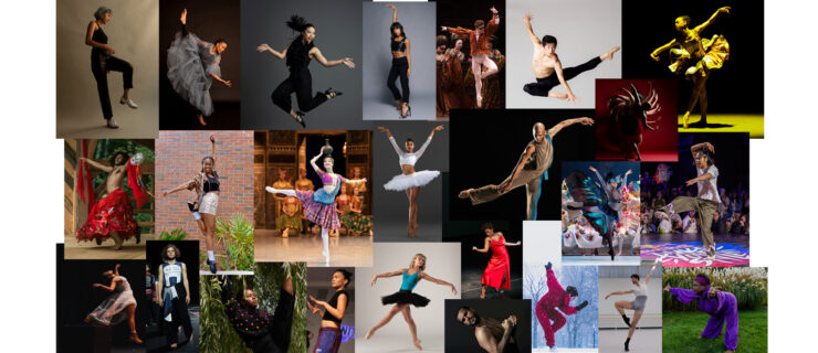A colorful collage of the 2024 25 to Watch, dancers from a breadth of dance styles.