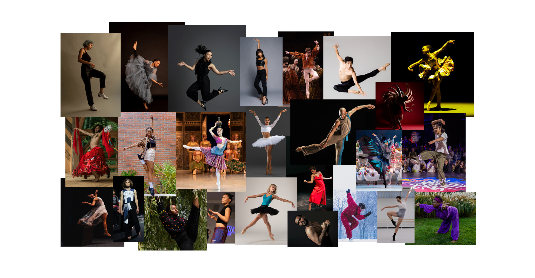 A colorful collage of the 2024 25 to Watch, dancers from a breadth of dance styles.